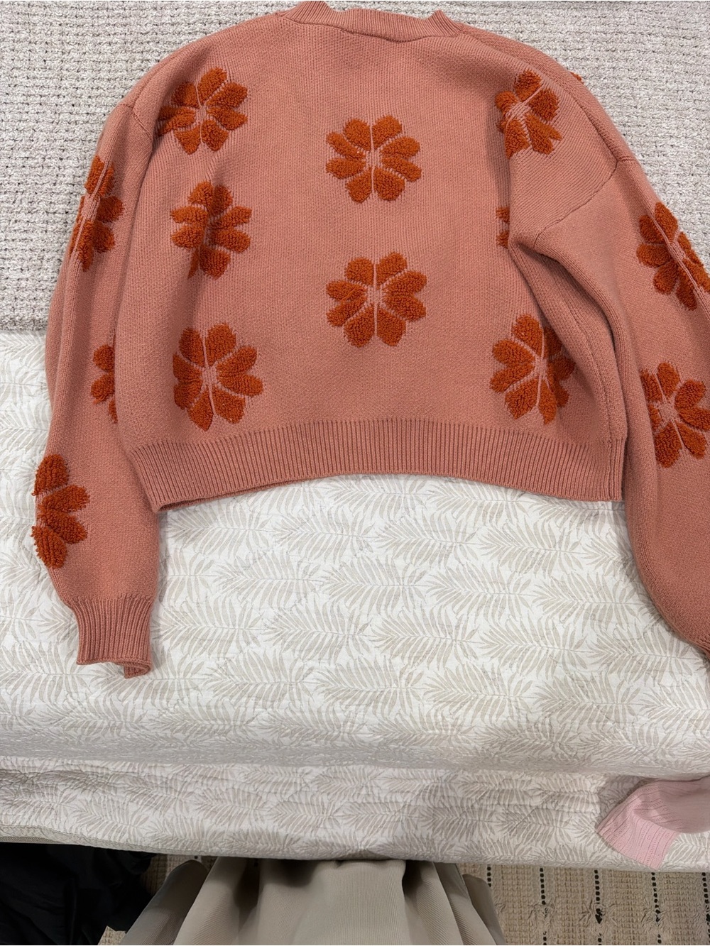 Simply Southern Coral Pink Crewneck Sweater with Orange Floral Appliqués - Picture 5 of 6